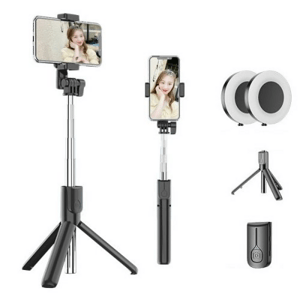 3 az 1-ben Selfie bot és tripod állvány, 2 db kör alakú tükrös LED lámpával
