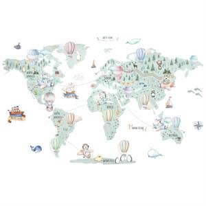 Világtérkép falmatrica -  Hőlégballonok és járművek